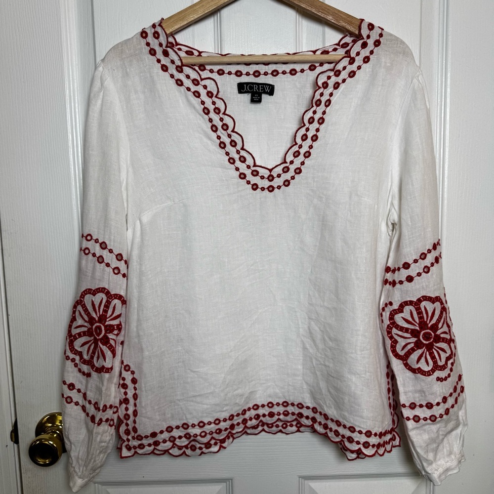J.Crew 100% Linen Embroidered Boho Top White Red Scallop Size XS/S Resort Wear